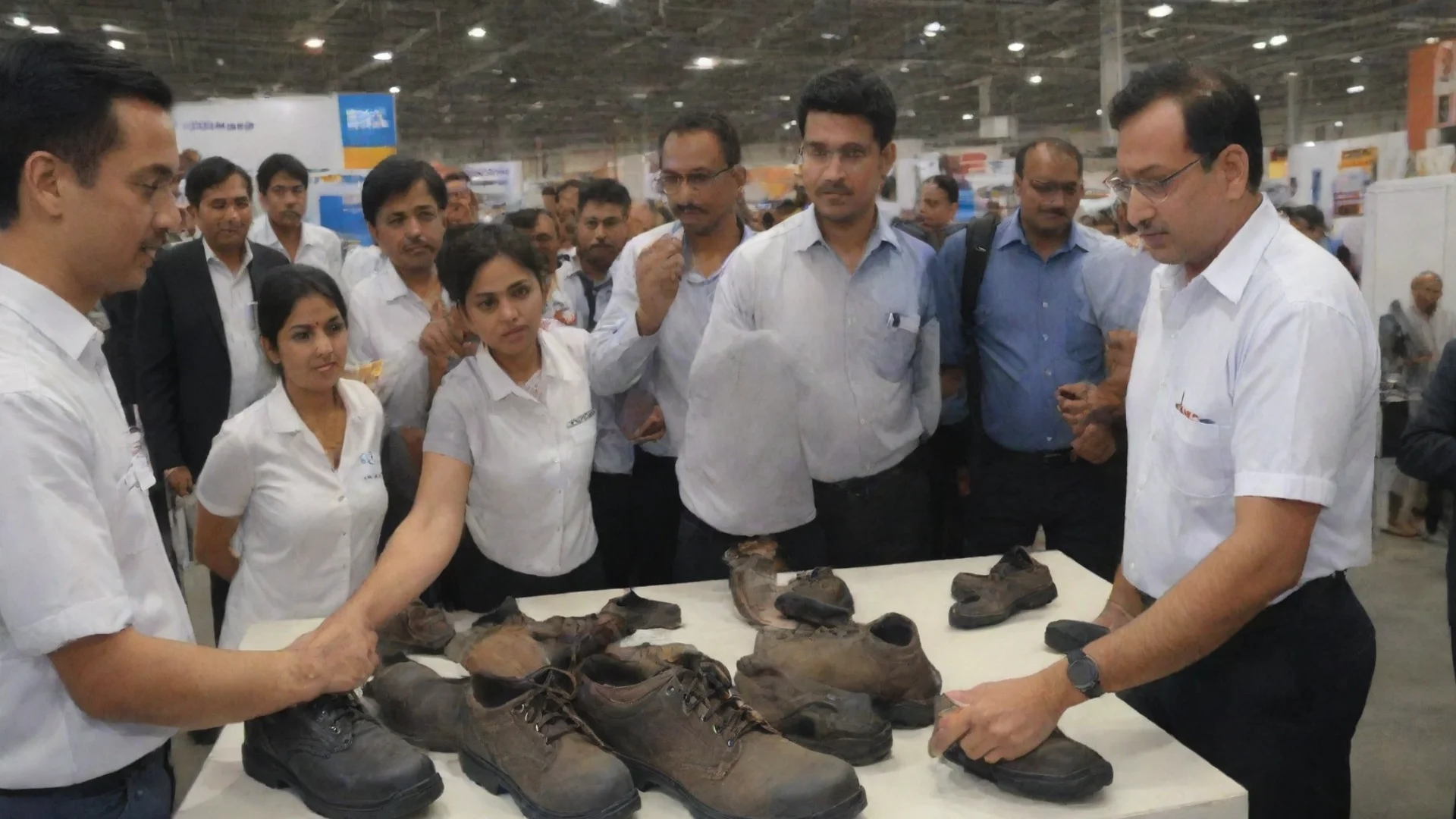 amazing a safety footwear company staff showing there new safety shoes in an industrial expo to the people who visited there expo near there stall where safety shoes are kept awesome portrait 2 wide