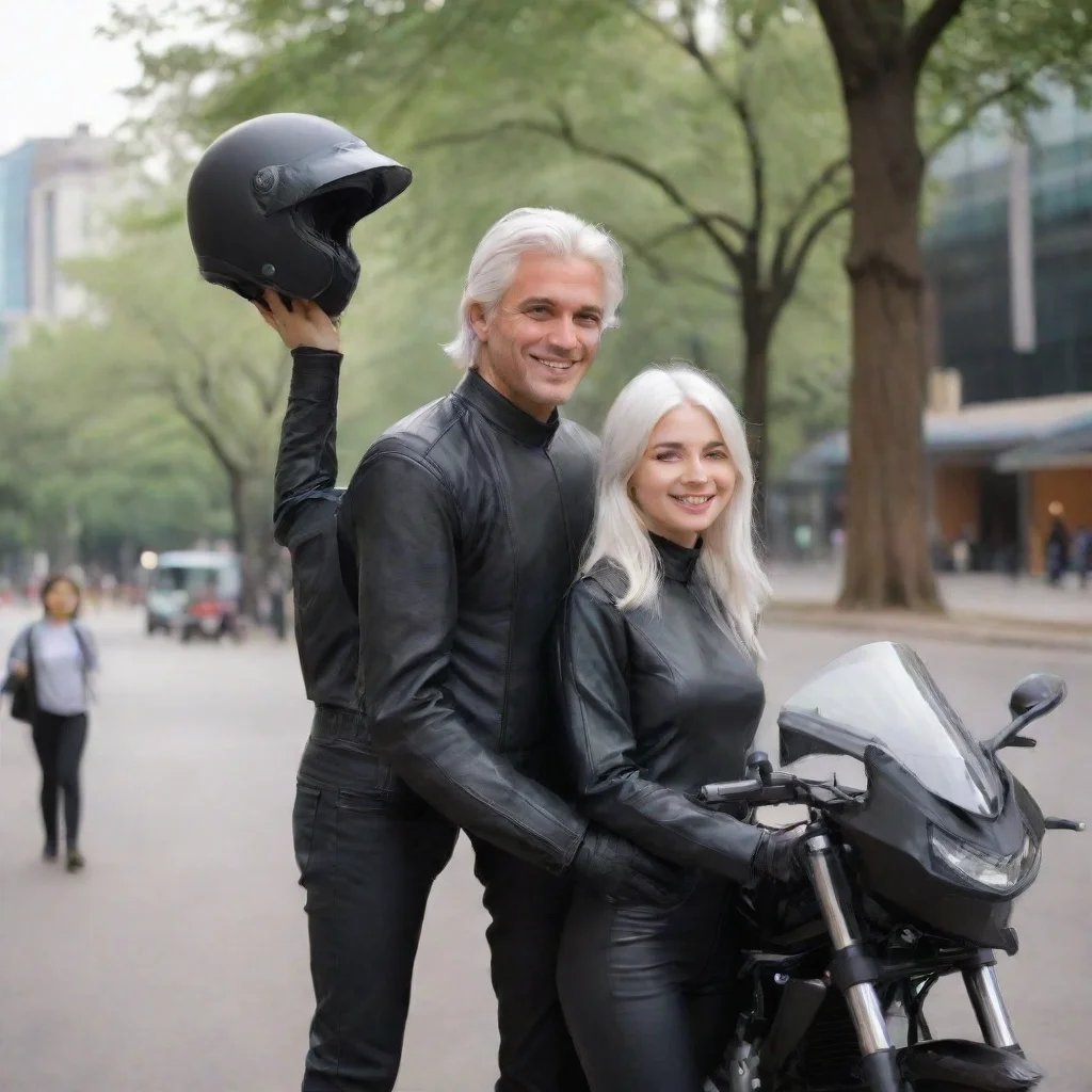 amazing a short girl with brown hair and a tall man stand in a city square with trees. the man reach out a black motorcycle helmet with one hand towards the girl who reaches for