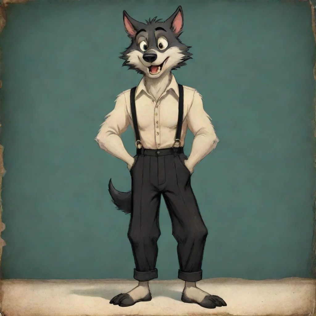 amazing a slim attractive anthropomorphic male wolf with black fur from a vintage  1930s cartoon wearing battered trousers held up with suspenders barefoot in the style of the vintage big bad wolf c