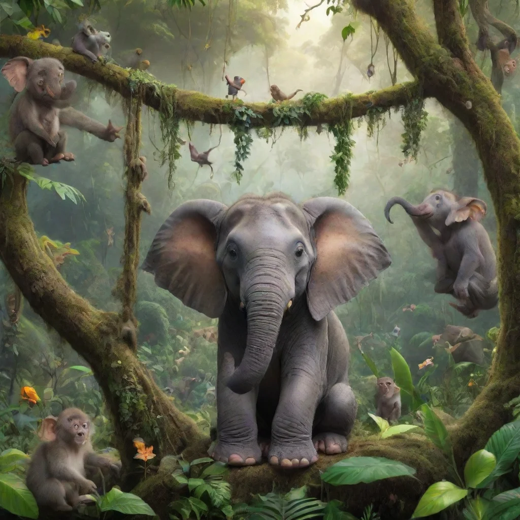 amazing a small elephant sitting in a rainforest with its friends with a pretty rainforest in the backround with monkeys swinging above them on vines.  awesome portrait 2