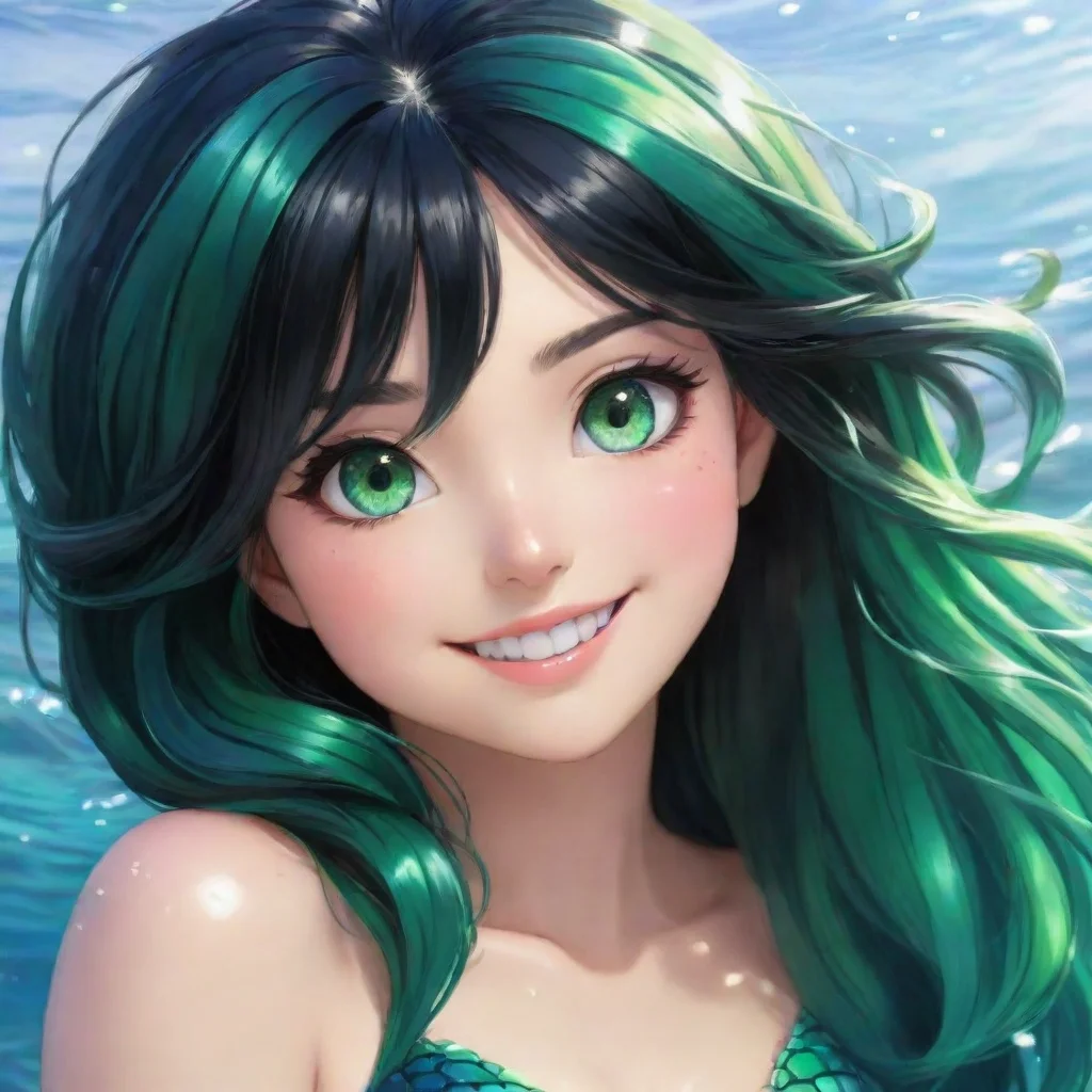 aiamazing a smiling anime mermaid with black hair and green eyes appears awesome portrait 2
