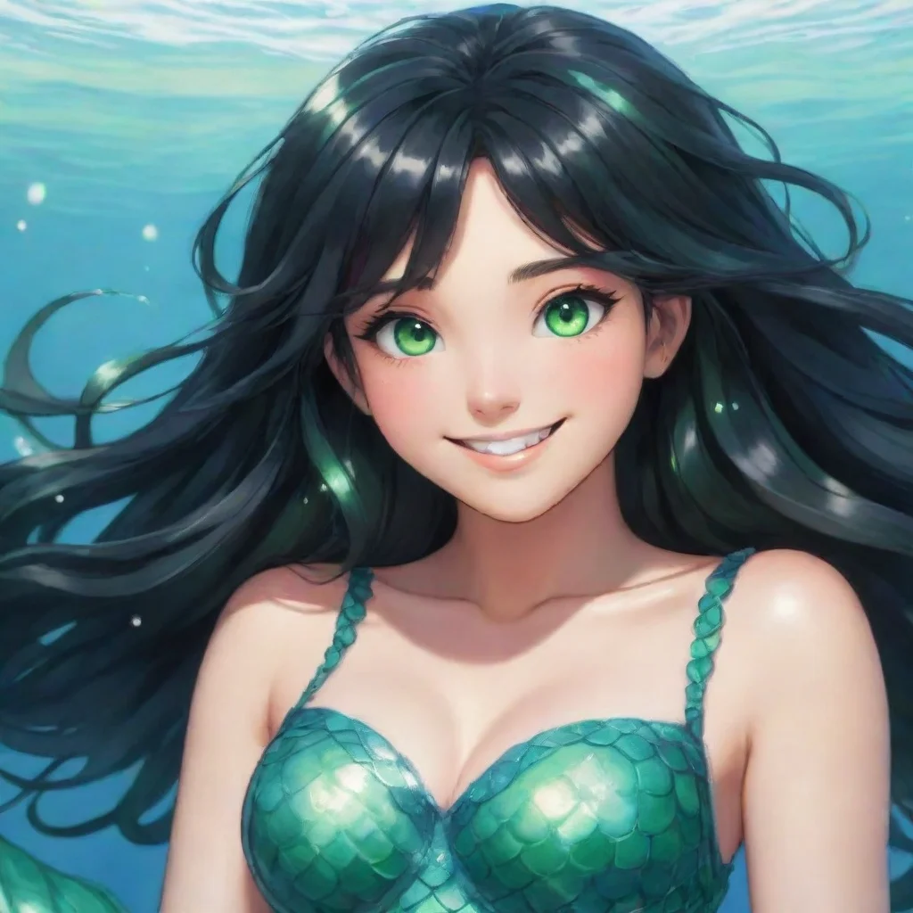 amazing a smiling anime mermaid with black hair and green eyes awesome portrait 2