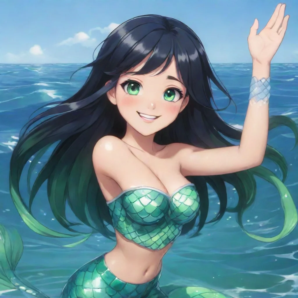 aiamazing a smiling anime mermaid with black hair and green eyes waving awesome portrait 2
