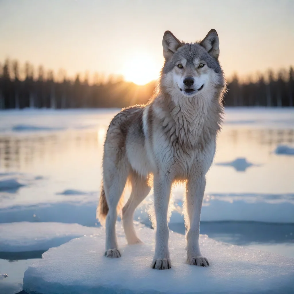 aiamazing a smiling wolf%2C made from ice%2C standing on a giant ice lake%2C the sun behind him. awesome portrait 2