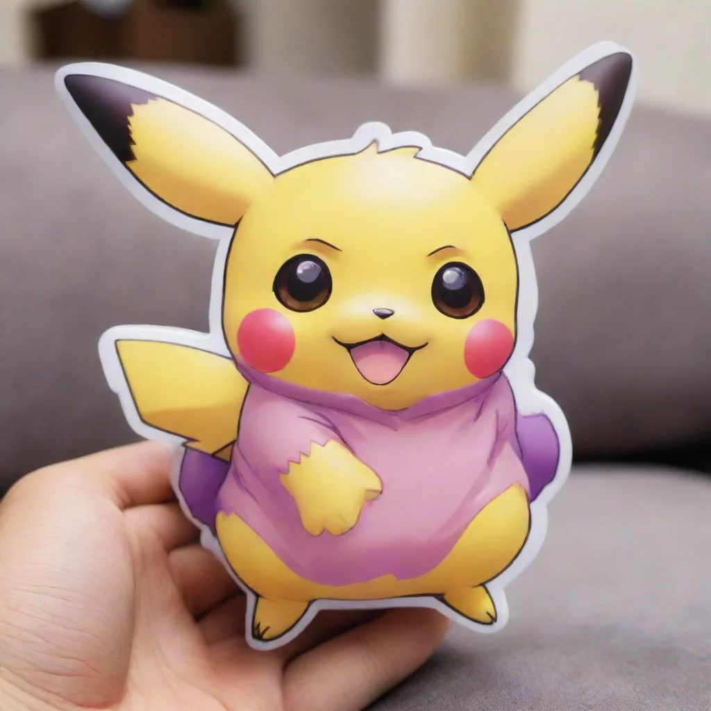 aiamazing a sticker of a chibi pikachu with pink%2C purple and yellow colors%2C a hand holding it%2C on top of a couch%2C high detail%2C realistic%2C canon eos r5 awesome portrait 2
