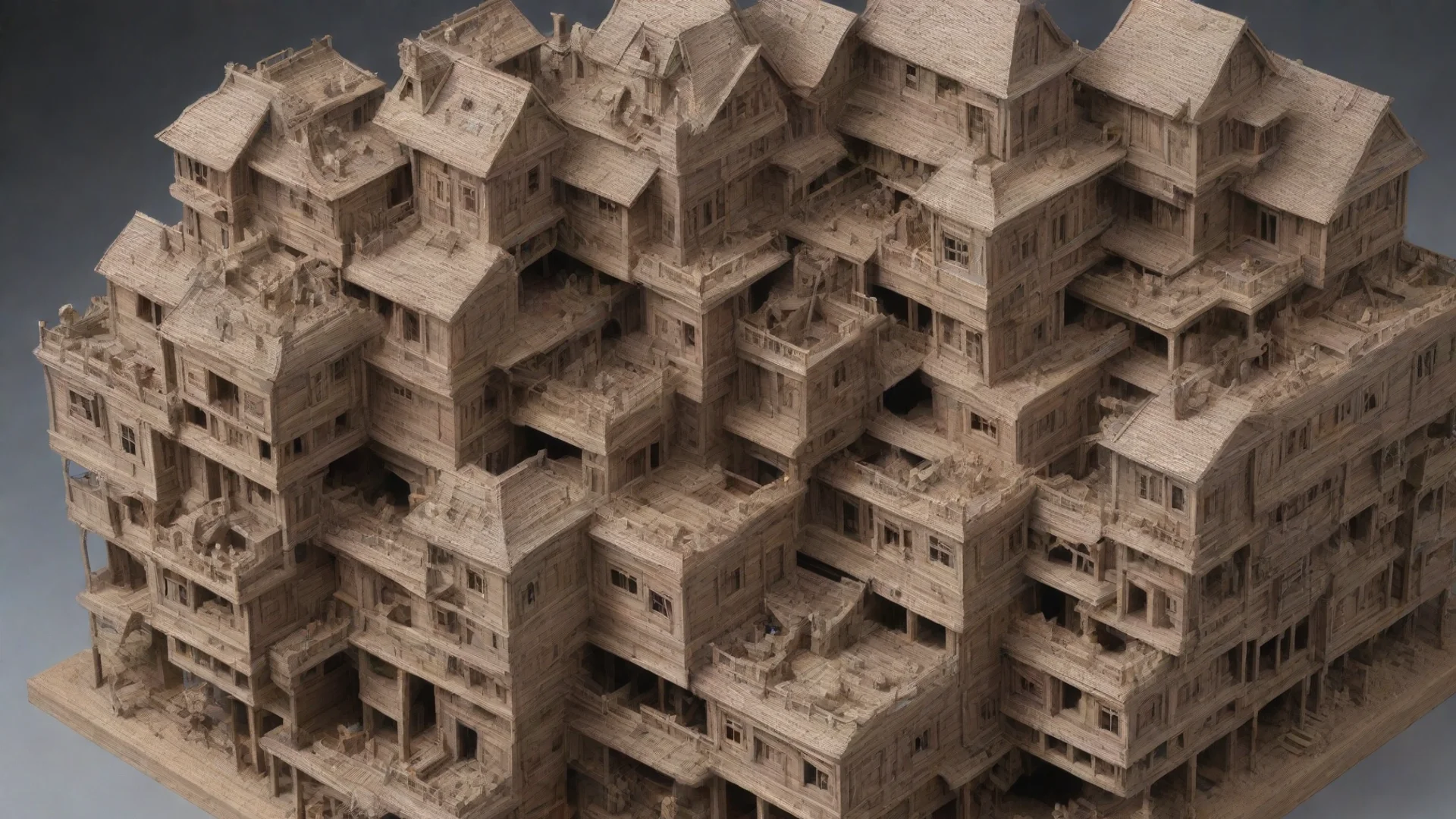 amazing a swarm of parts intertwined upside down escher paradox kitbash greeble timber construction building in a building socia awesome portrait 2 wide