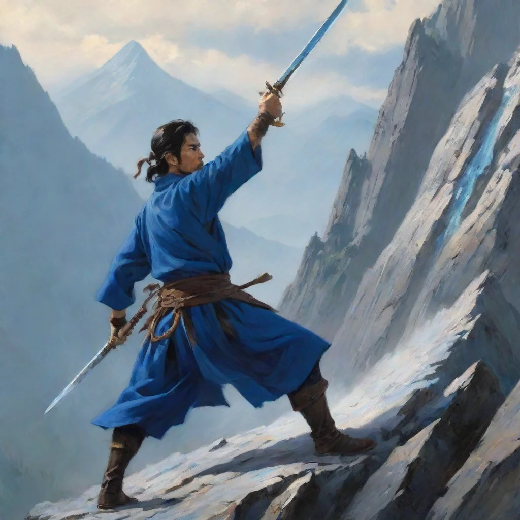 aiamazing a swordman%2C releasing a blue slash %2C to slice the mountain  awesome portrait 2