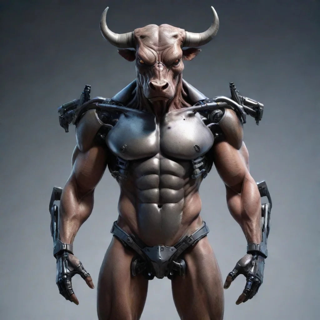amazing a terminator bull with guns on shoulders futuristic photorealistic awesome portrait 2