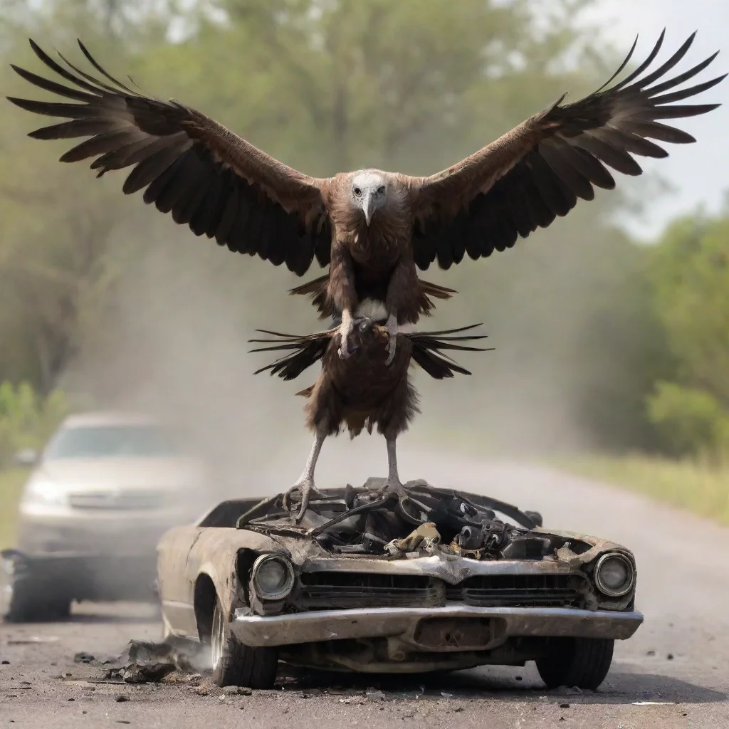 aiamazing a vulture bird landing on a broken smoking car engine wearing glases awesome portrait 2