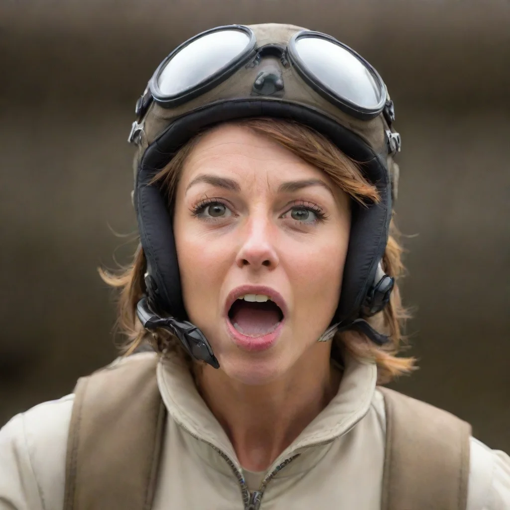 amazing a woman in aviator helmet blows air to the camera with her mouth wide open. awesome portrait 2