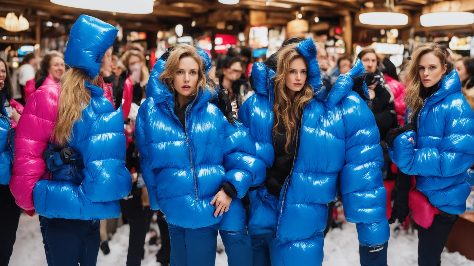 aiamazing a woman stands in the ski bar in a shiny blue puffy jacket. 3 other women take revenge on the woman%27s jacket and cut a big hole in it off the entire front. awesome portrait 2 wide