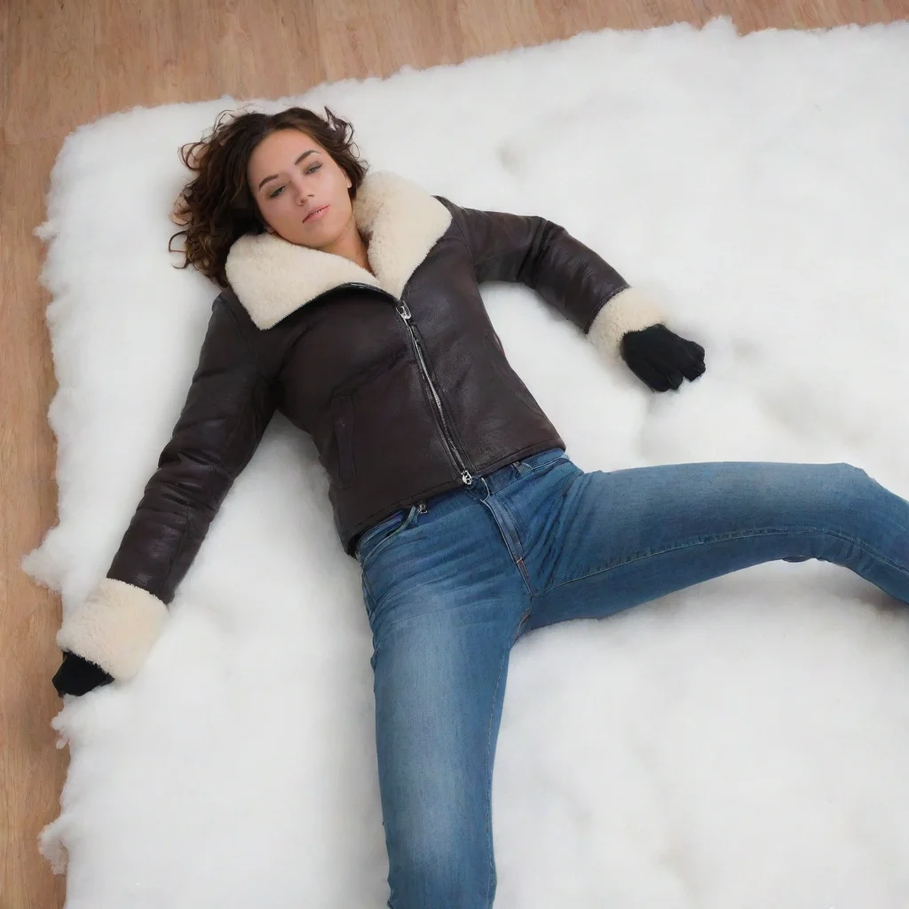 aiamazing a woman wearing b3 shearling jacket%2C tight jeans%2C and knee high snow boots is lying down with her legs spread widely. low camera angle. awesome portrait 2