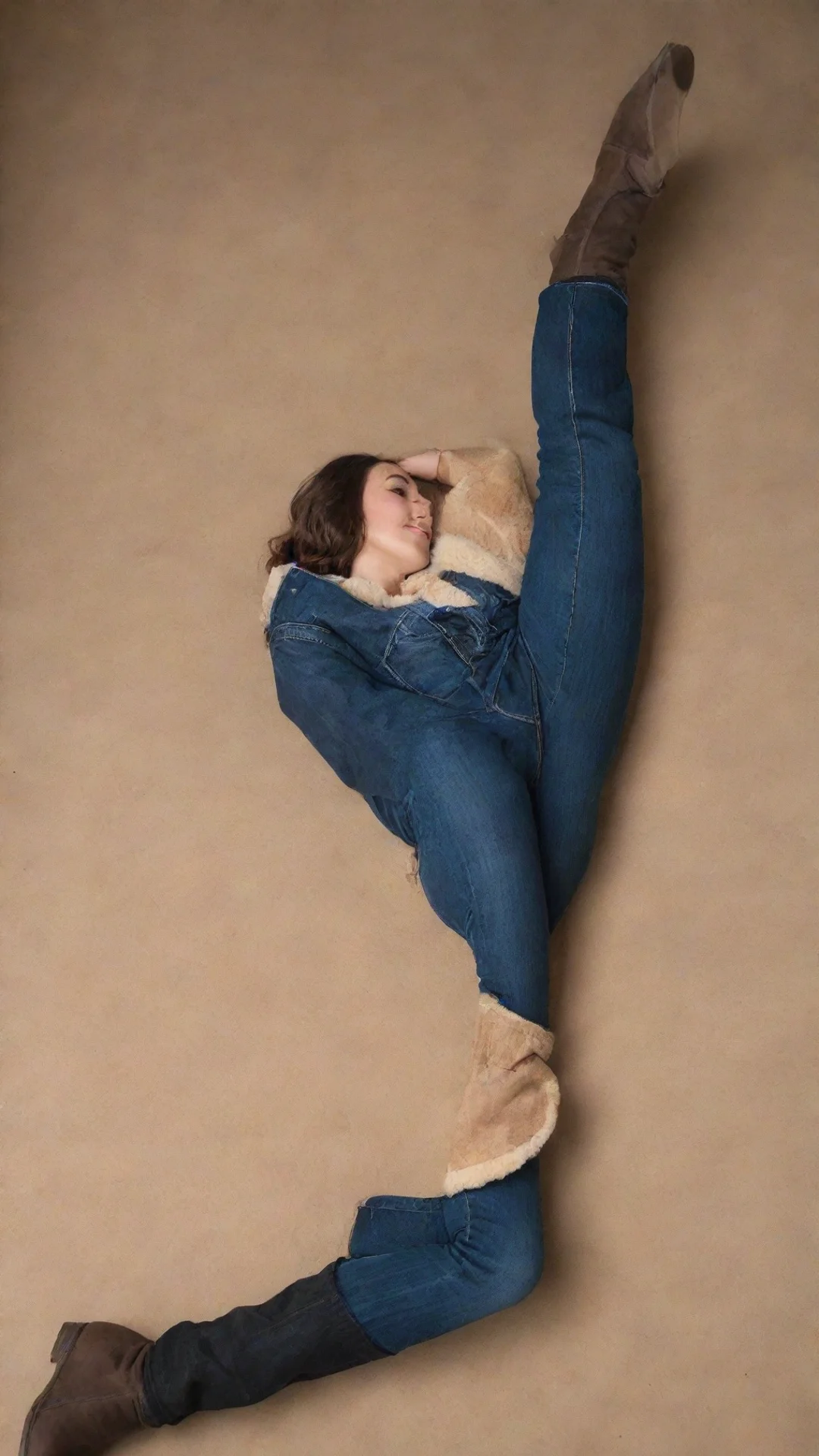 aiamazing a woman wearing b3 shearling jacket%2C tight jeans%2C knee high ugg boots%2C is lying down with her legs spread wide open. low camera angle. awesome portrait 2 tall