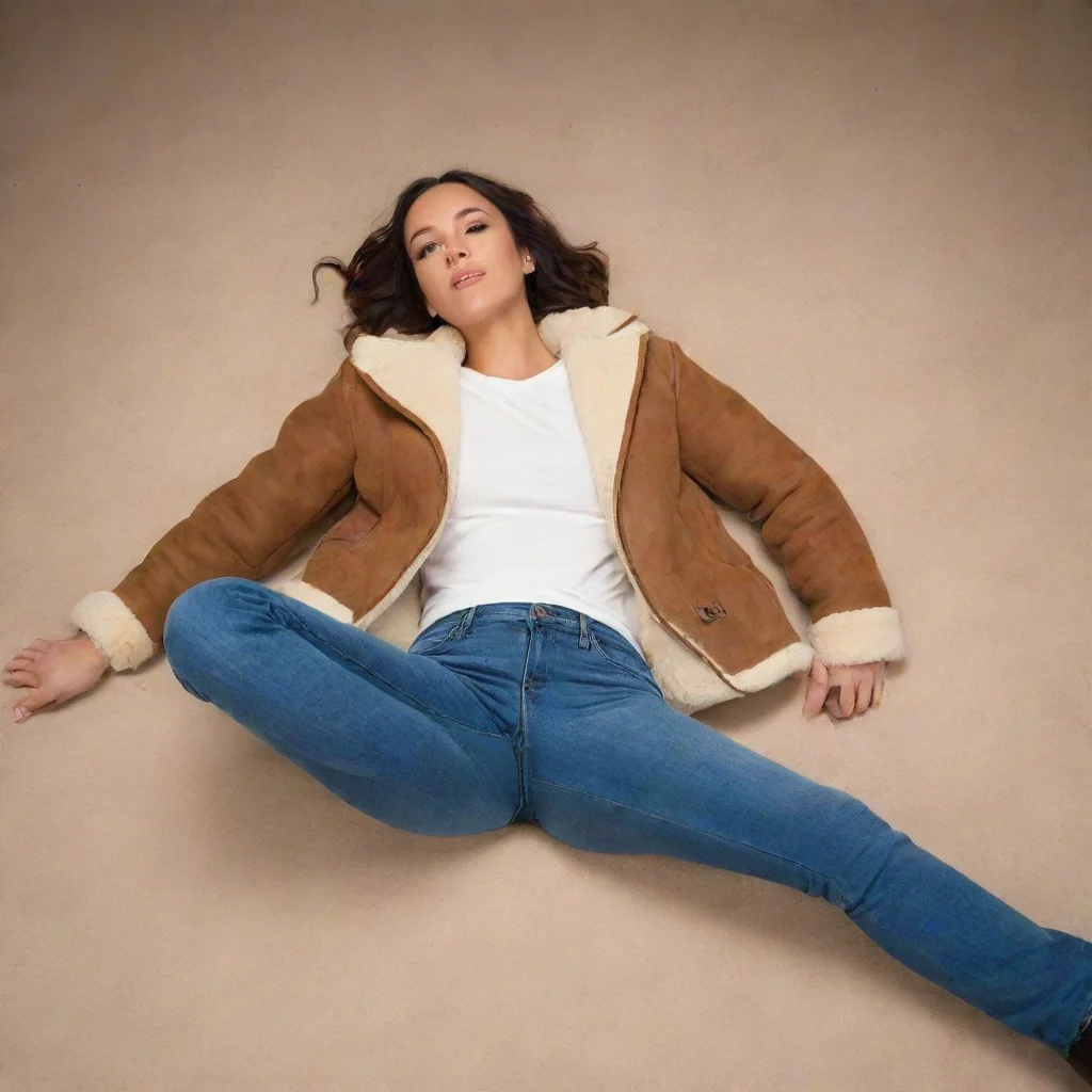 aiamazing a woman wearing b3 shearling jacket%2C tight jeans%2C knee high ugg boots%2C is lying down with her legs spread wide open. low camera angle. awesome portrait 2