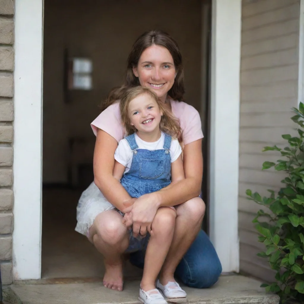 aiamazing a young girl with bright eyes and a big smile%2C is standing at the front door%2C holding onto her dad%27s knee.  awesome portrait 2