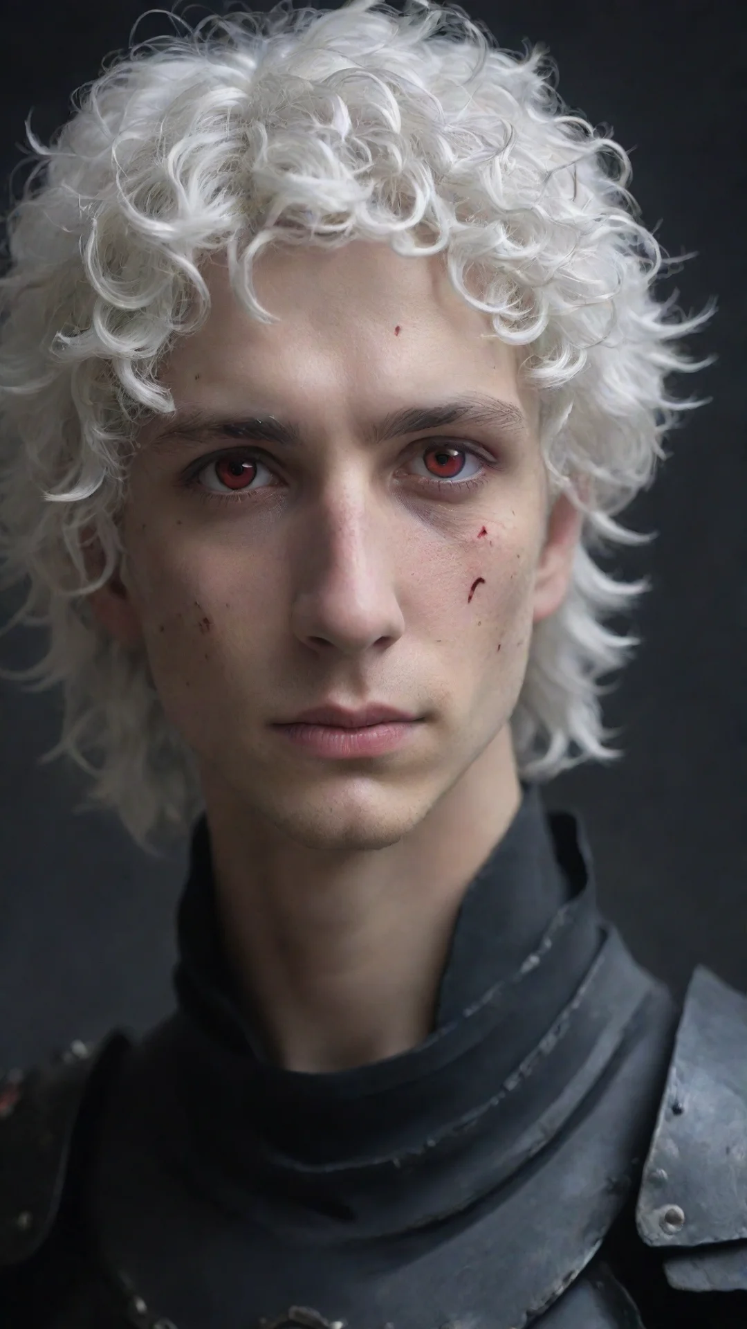 amazing a young man%252c with fully black armor%252c he has a pale and melancholic face with scars on his face%252c he has short curly white hair and red eyes amazing awesome portrait 2 awesome port