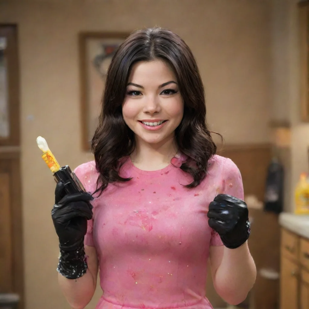 aiamazing adult  30 year old miranda cosgrove as carly shay from icarly smiling with black deluxe nitrile gloves and gun and mayonnaise splattered everywhere awesome portrait 2