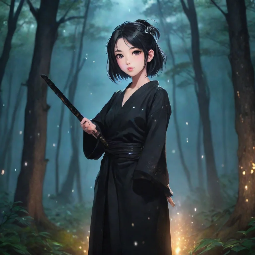 aiamazing aesthetic grunge realistic japanese anime girl with katana wearing black yukata night forest shining sparkles background awesome portrait 2