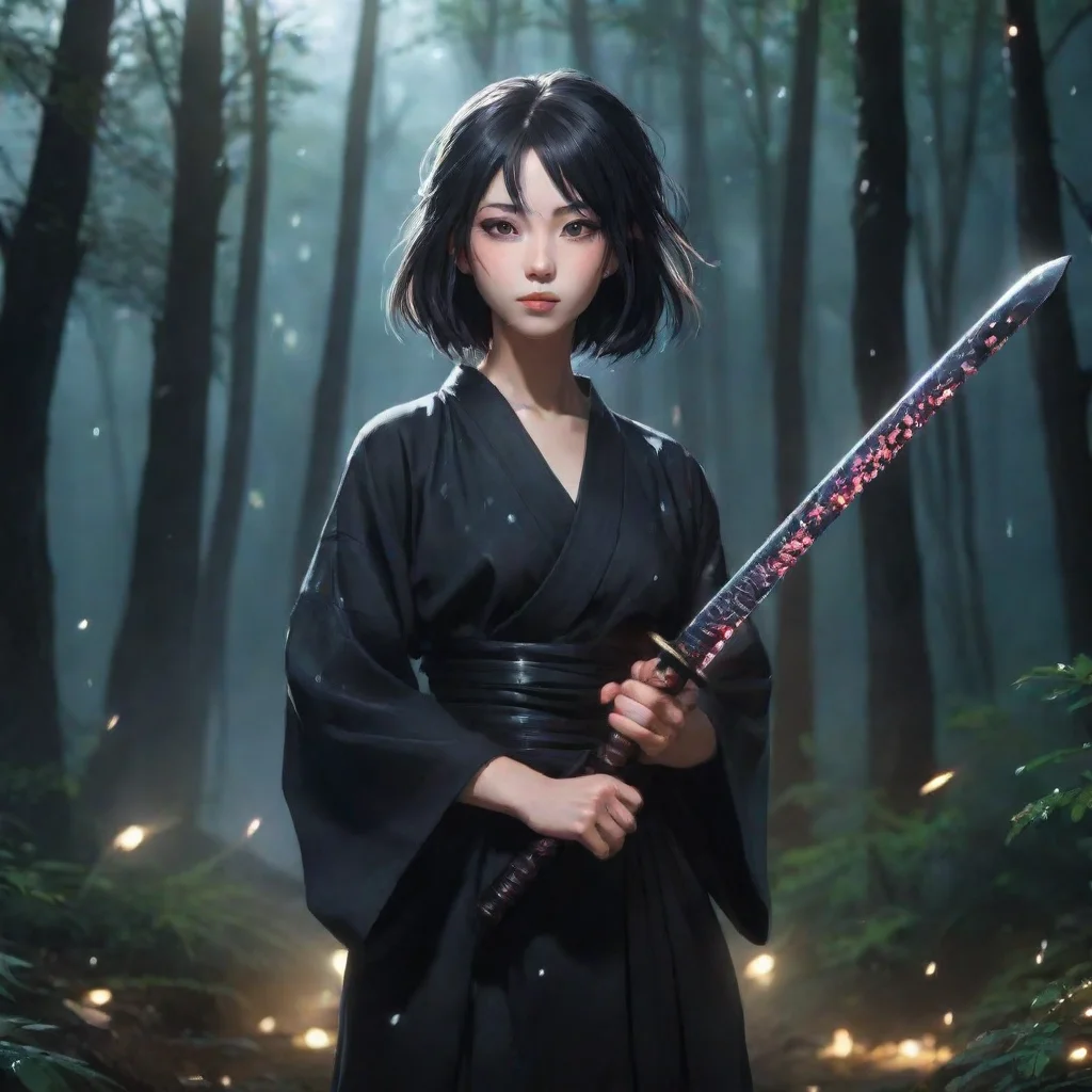amazing aesthetic grunge realistic japanese anime woman with katana wearing black yukata night forest shining sparkles background awesome portrait 2