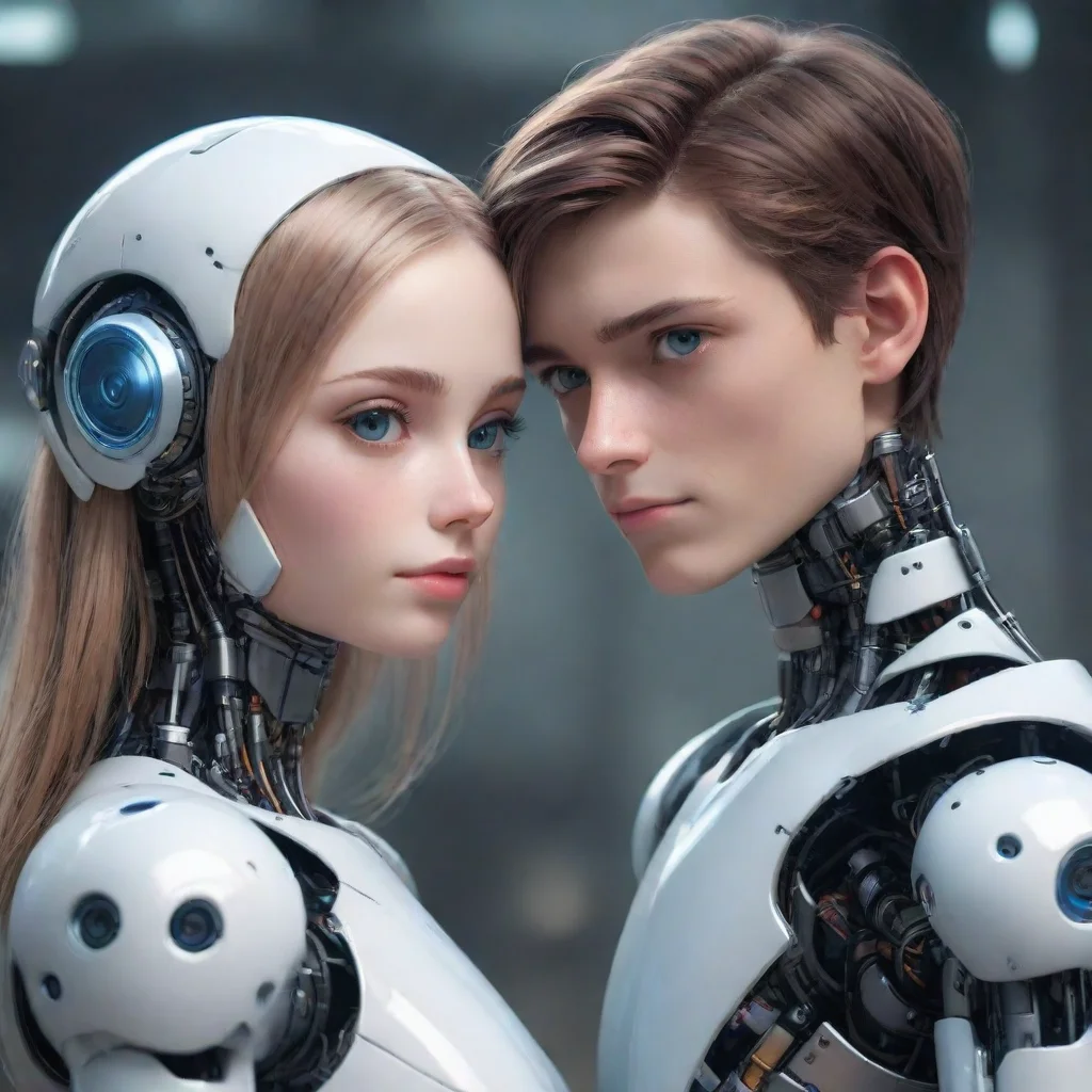 aiamazing ai robots boy and girl elinor and thomas arm around each other romantic looking at camera eyes clear wow beautiful ai artist artstation robot humanoid futuristic awesome portrait 2