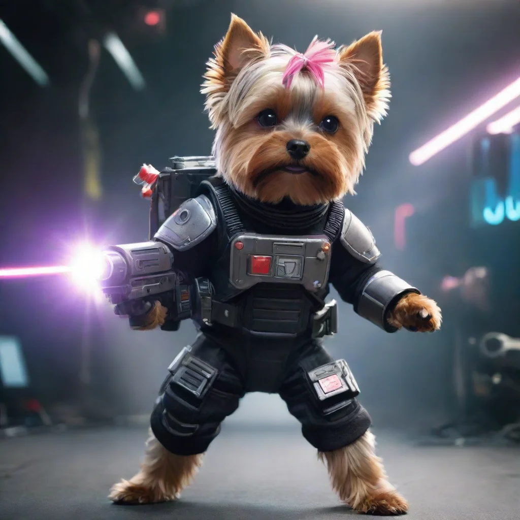 aiamazing aione yorkshire terrier in a cyberpunk space suit firing big weapon laser confident awesome portrait 2