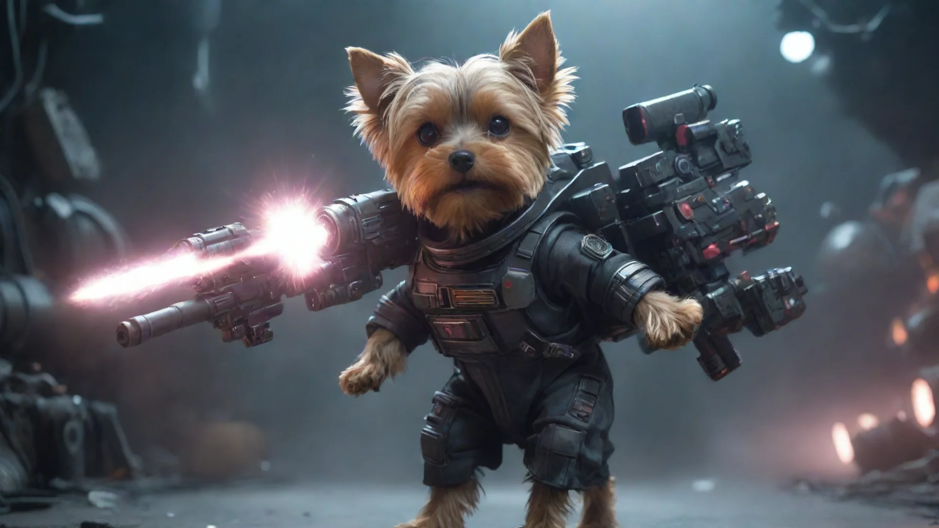 amazing aione yorkshire terrier in a cyberpunk space suit firing big weapon lot lighting awesome portrait 2 wide