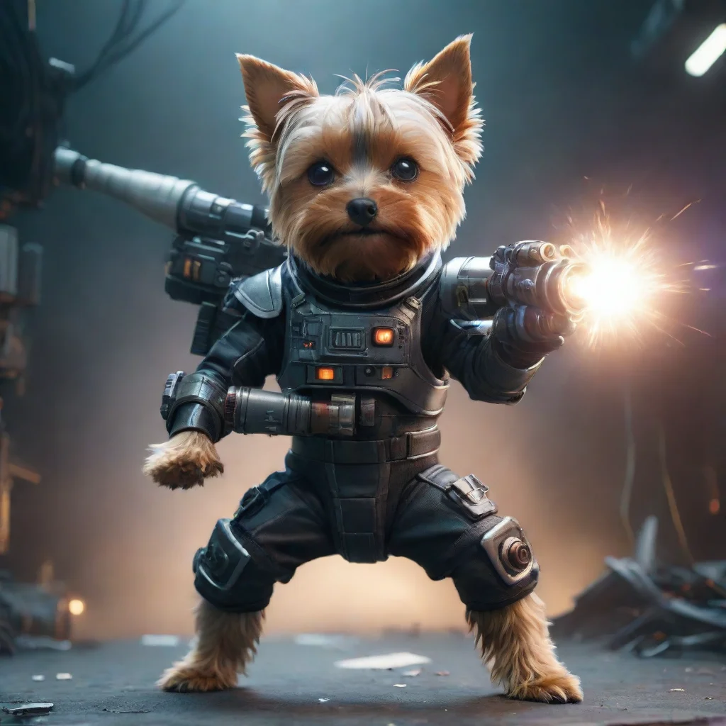 amazing aione yorkshire terrier in a cyberpunk space suit firing big weapon lot lighting awesome portrait 2