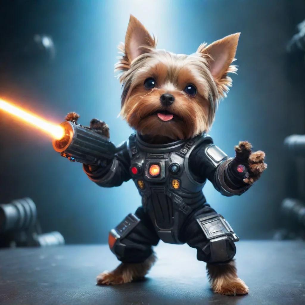 amazing alone yorkshire terrier in a cyberpunk space suit firing big laser  weapon with two hands awesome portrait 2