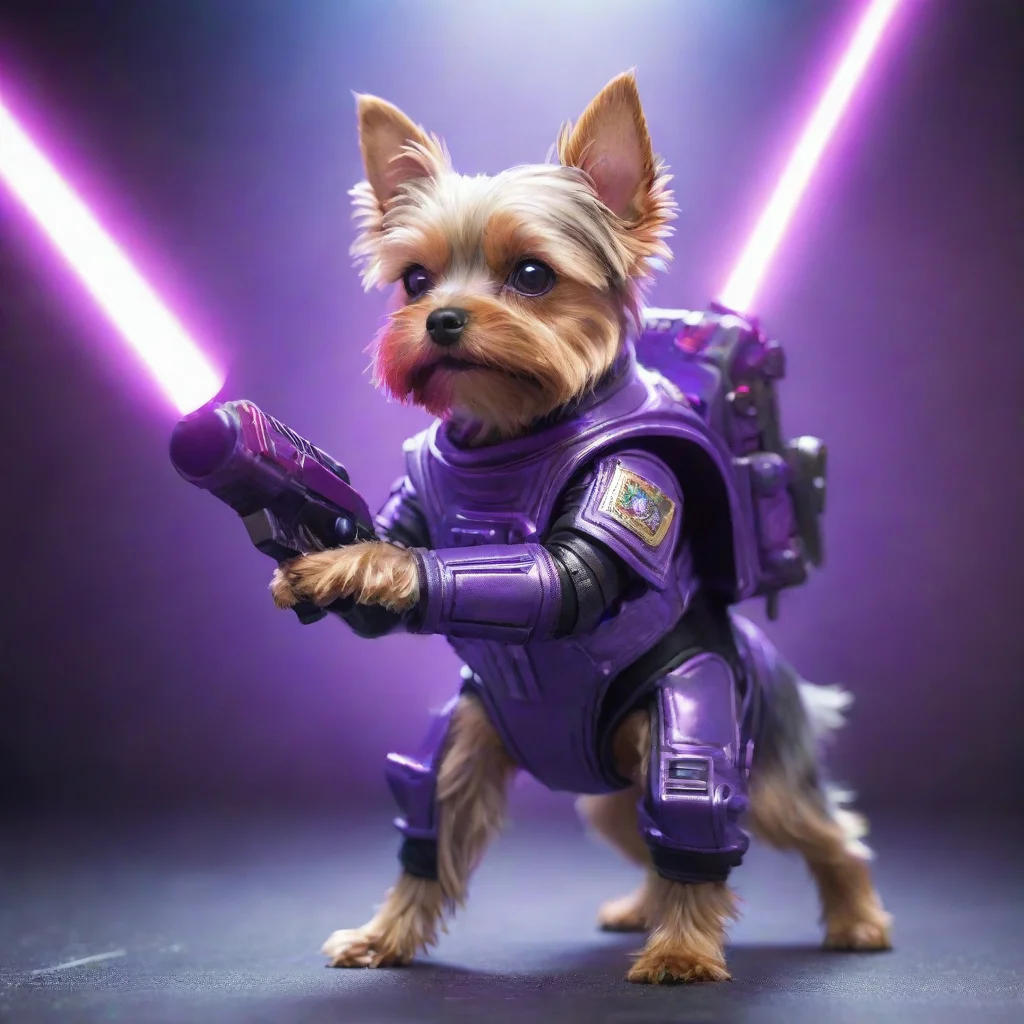 amazing alone yorkshire terrier in a cyberpunk space suit firing big laser purple weapon awesome portrait 2