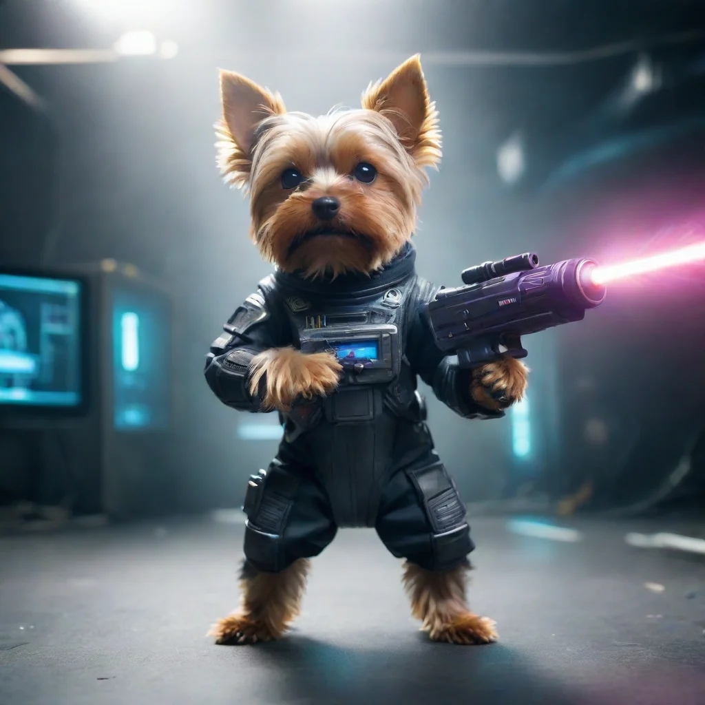 amazing alone yorkshire terrier in a cyberpunk space suit firing big weapon laser confident awesome portrait 2