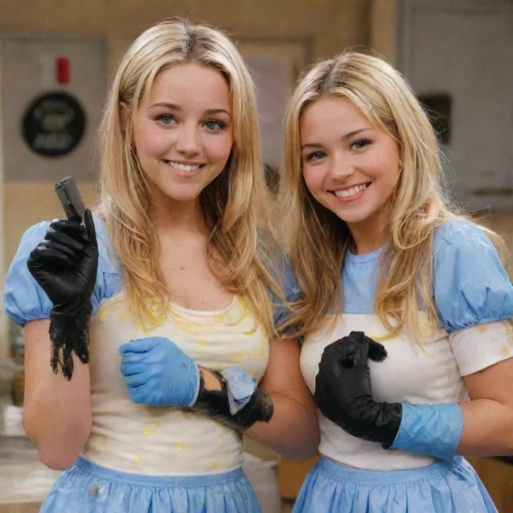 amazing amanda bynes and penelope taynt from the amanda show smiling  with black nitrile gloves and gun and mayonnaise splattered everywhere awesome portrait 2