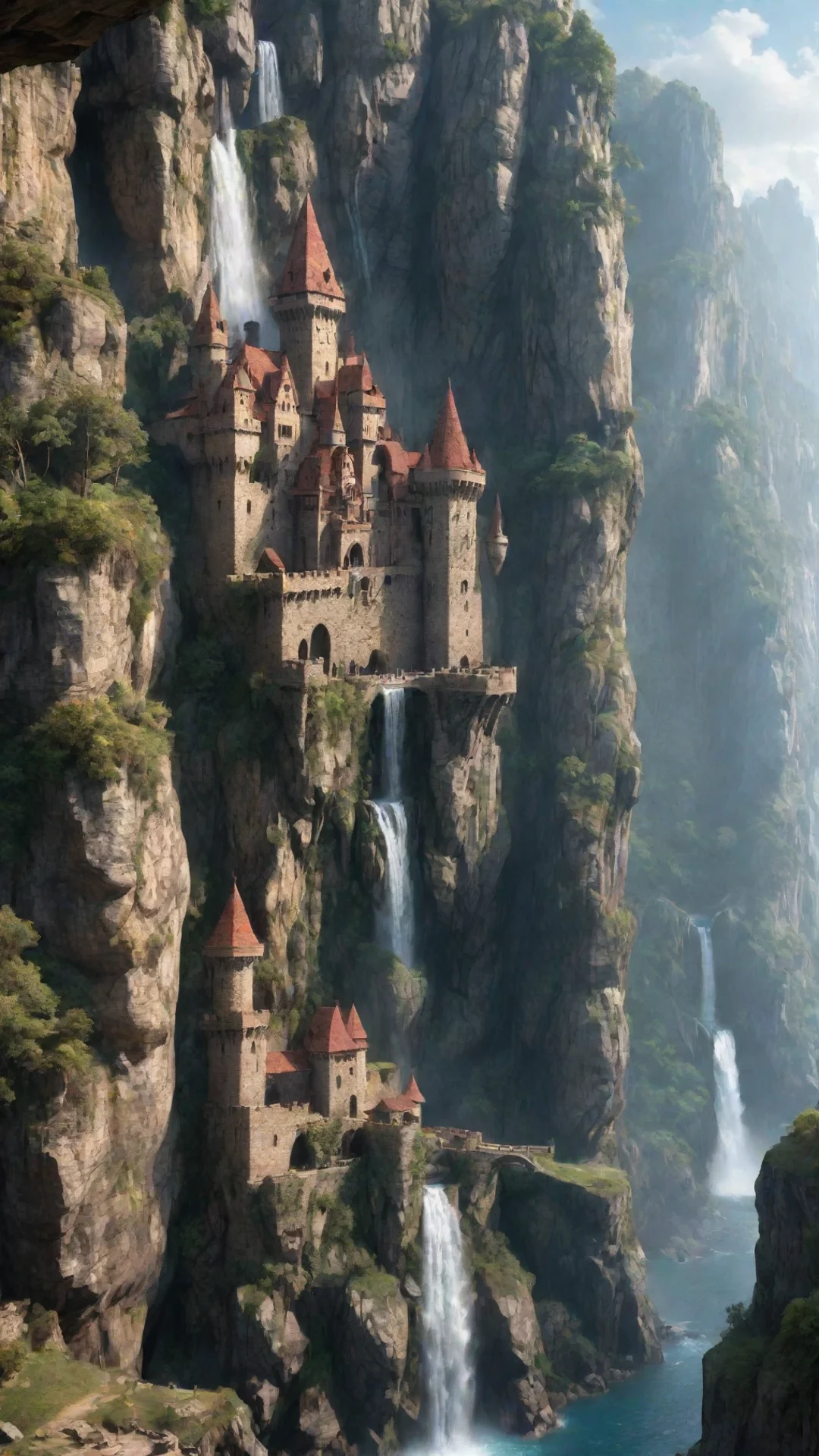 aiamazing amazing castle on extreme cliff overhangs caves hd detailed realistic asthetic lovely waterfalls awesome portrait 2 tall