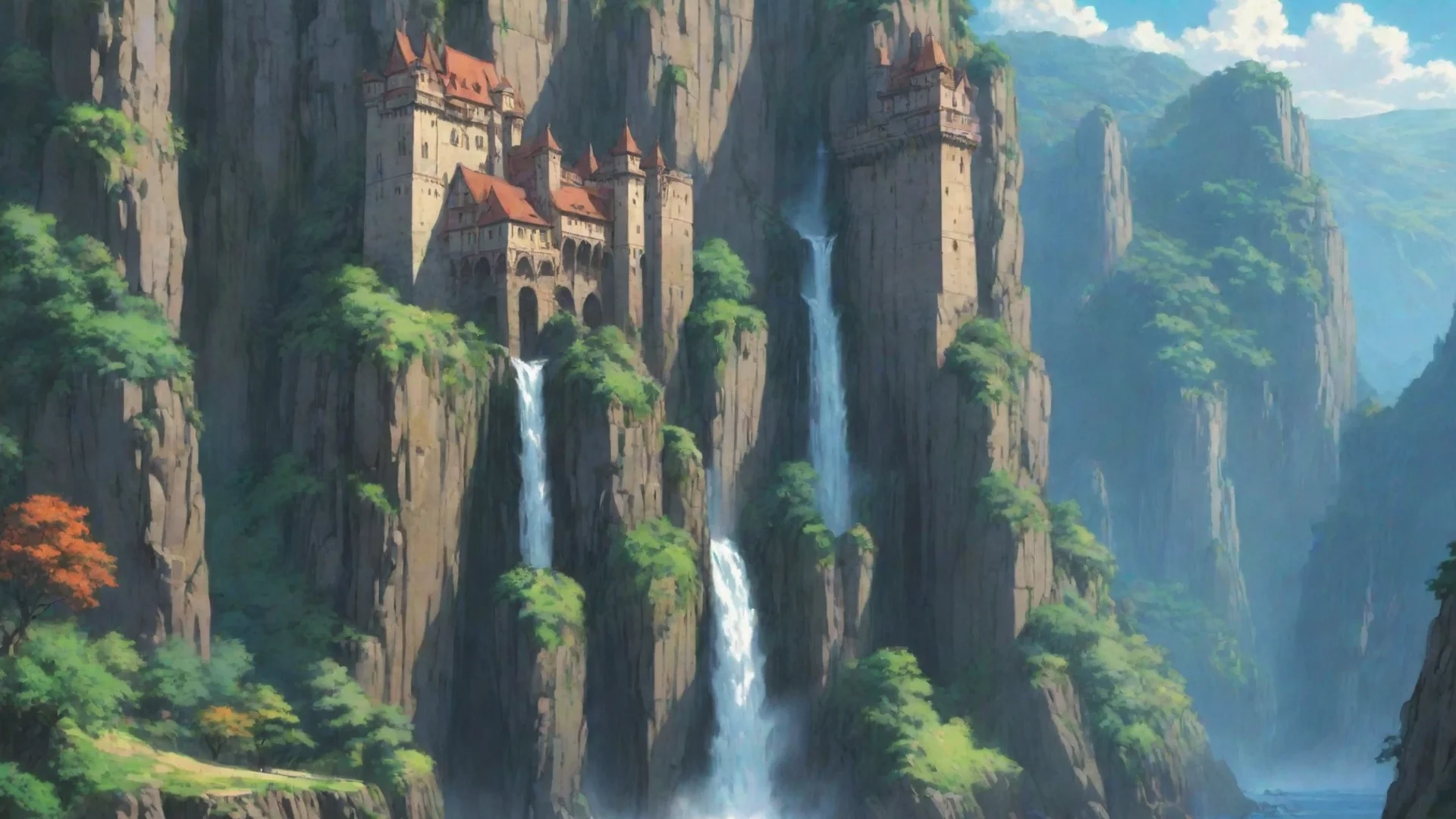 amazing amazing ghibli artistic castle cliff waterfall hd anime aesthetic beauty awesome portrait 2 wide