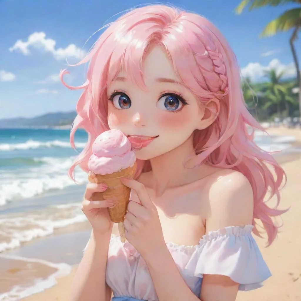aiamazing amazing hd art anime detailed aesthetic beautiful smile blush holding ice cream at beach awesome portrait 2