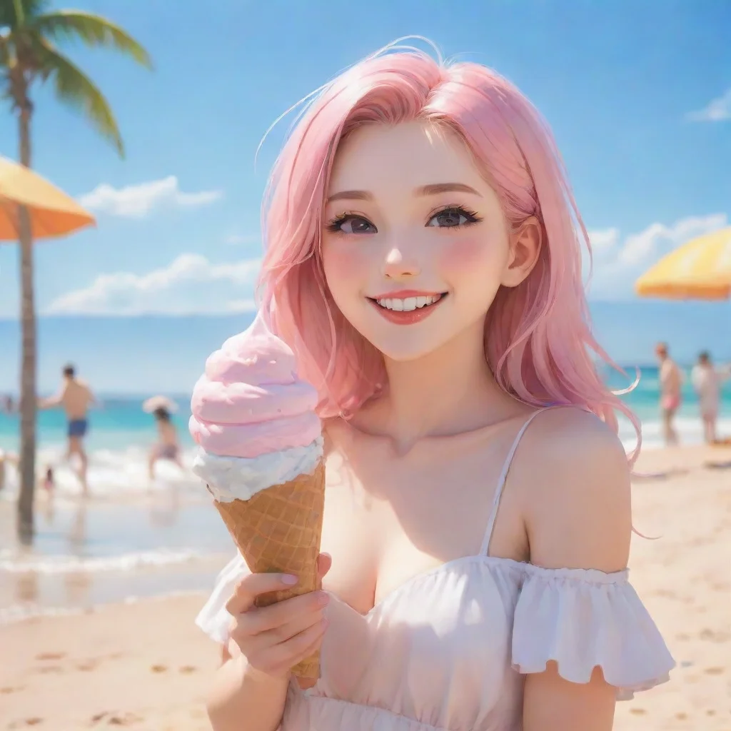 aiamazing amazing hd art anime detailed aesthetic beautiful woman smile blush holding ice cream at beach awesome portrait 2