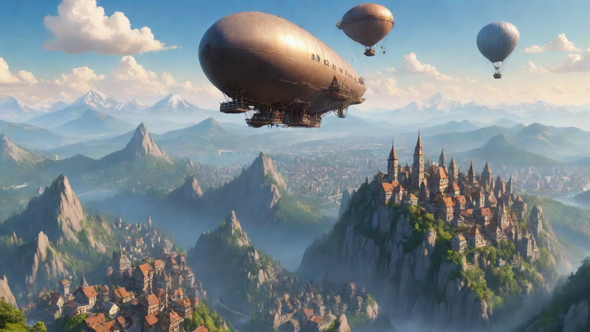 amazing amazing realistic cartoon city flying airship mountain top relaxing calm hd aesthetic peace awesome portrait 2 wide
