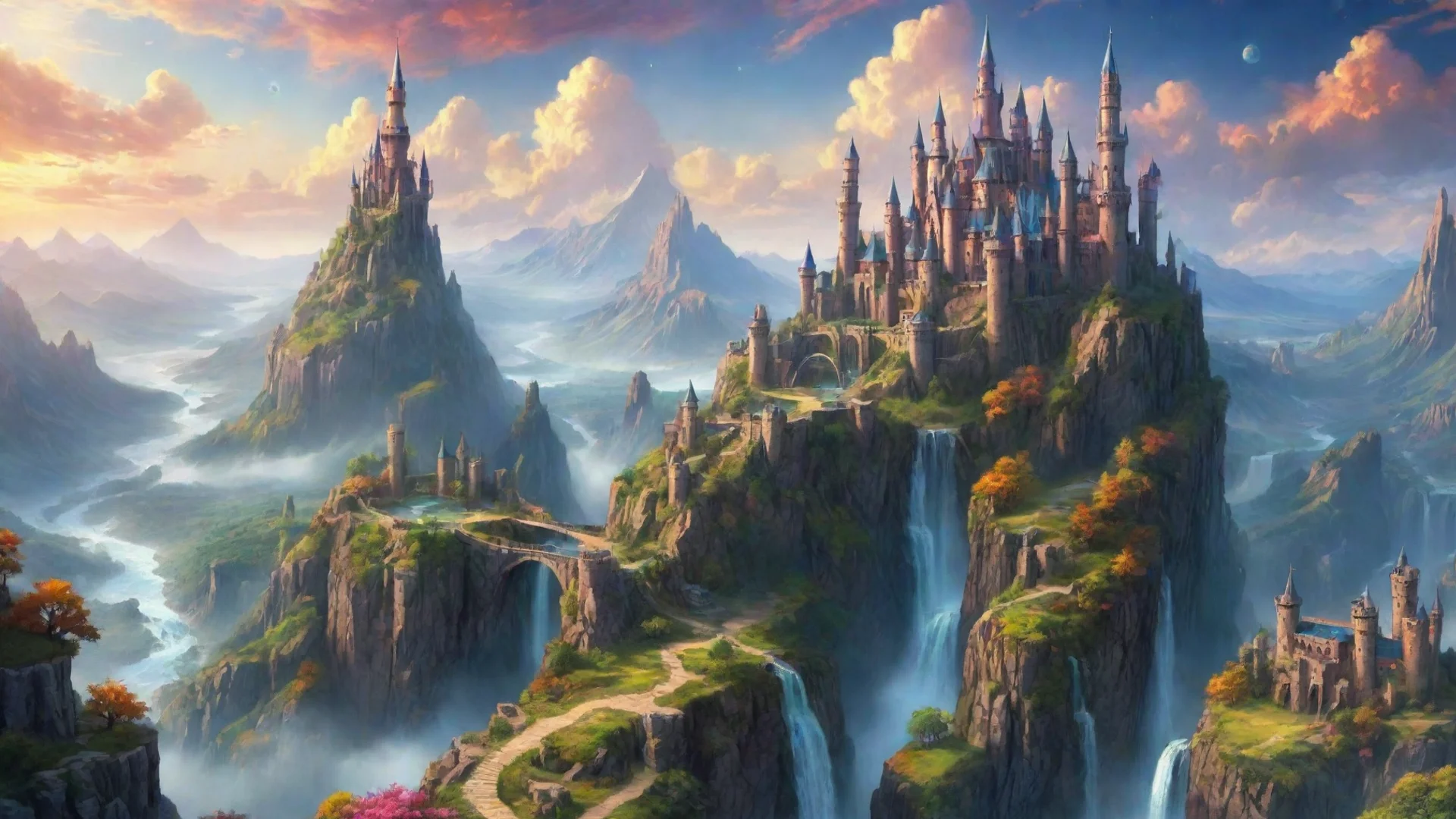 aiamazing amazing scenery hd detailed colorful planets in sky realistic castles spiral towers high cliffs waterfalls beautiful wonderful aesthetic awesome portrait 2 wide