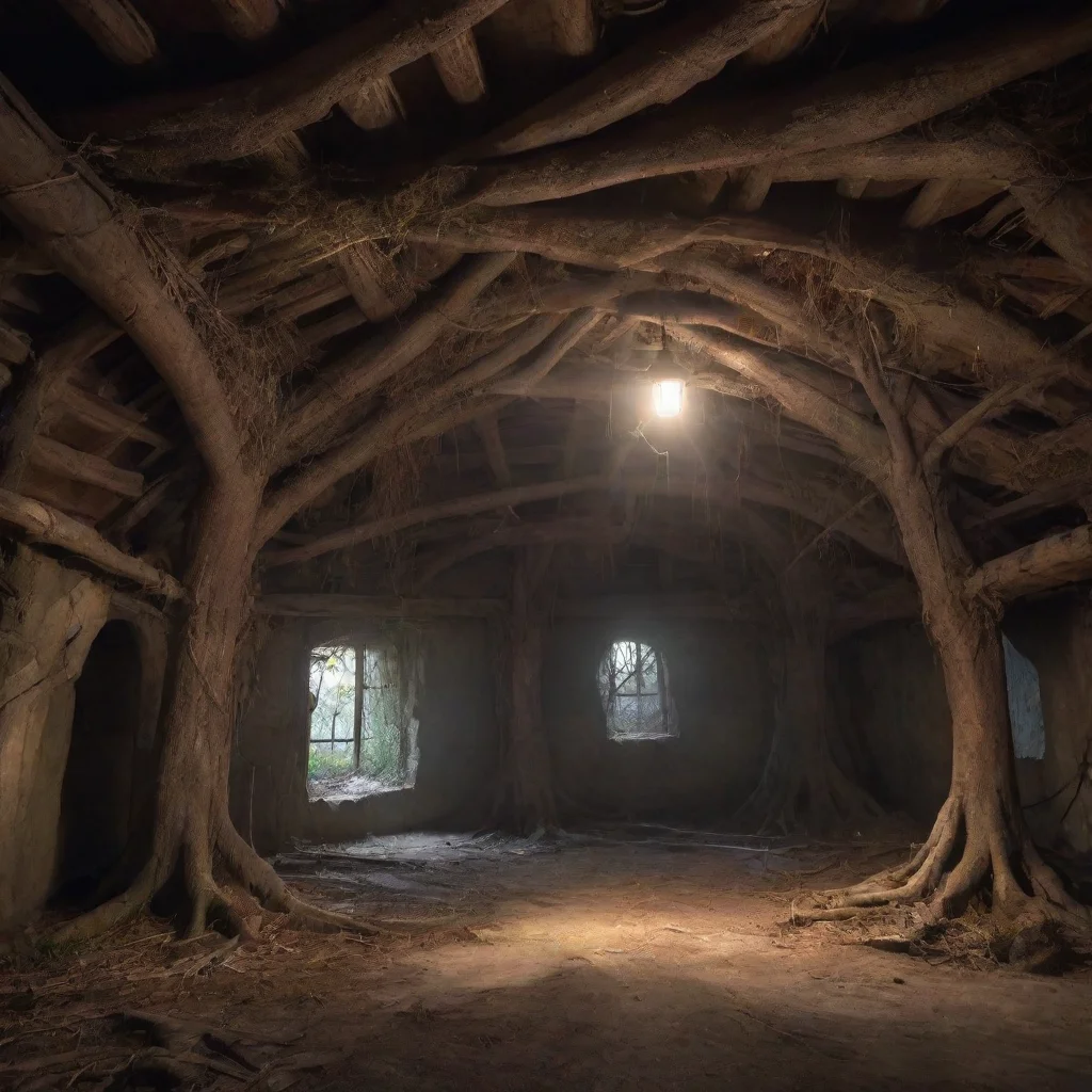 amazing an abandoned fantasy medieval inside of a big hut underground with roots in the ceiling light streams into a dark room t awesome portrait 2