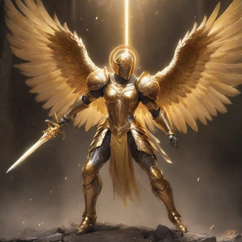 aiamazing an angel fighting golden wings and golden halo metal knight sword colorful golden pinterest artstation  awesome portrait 2