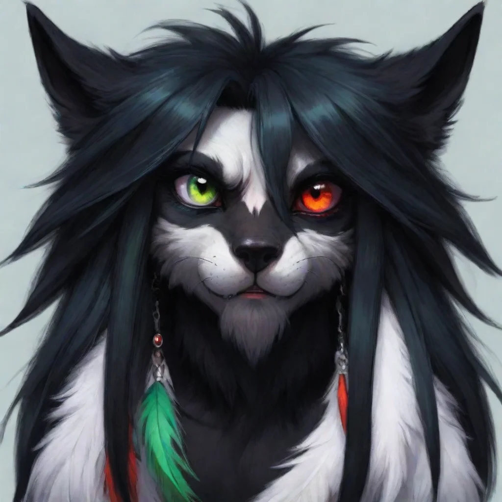 amazing an anthropomorphic emo style wolf with black fur with red eyes with white iris and black pupils and white pupils and long black hair with red strands that covers his eye combined with red