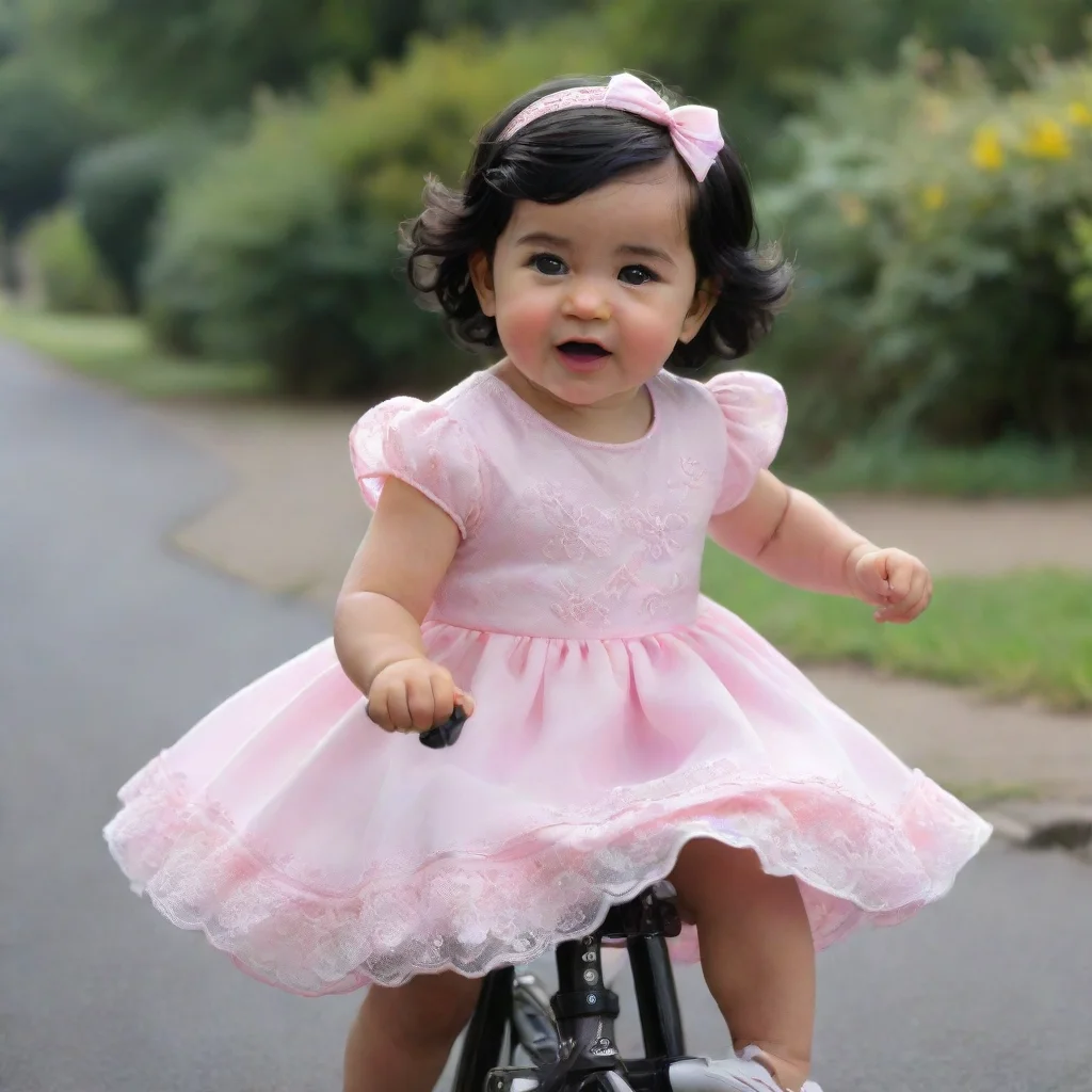 amazing an ultra realsitic baby girl who is riding a cycle who has black hair and wearing dress like princess. she is as gorgous as princess diana awesome portrait 2