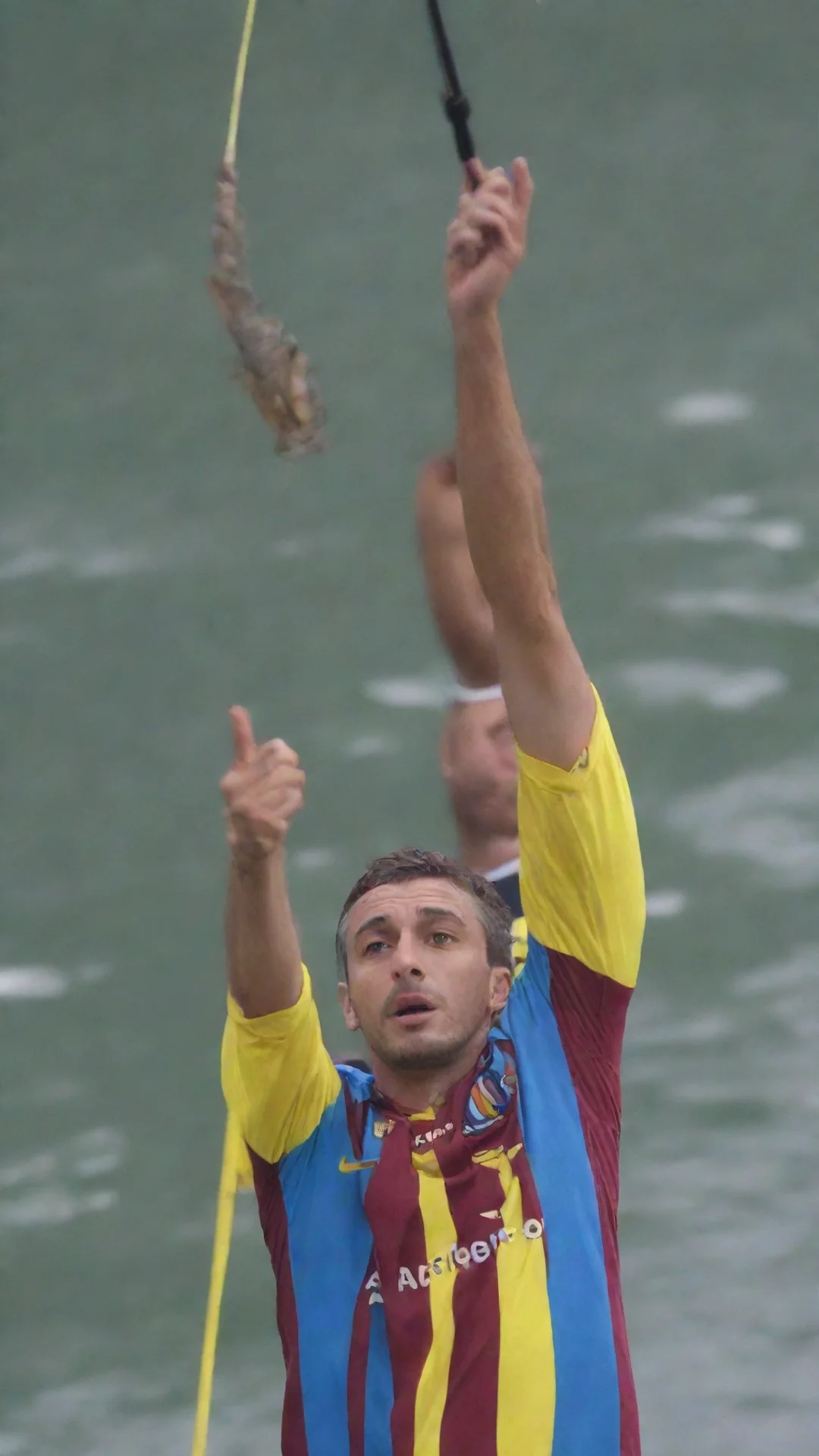 aiamazing anchovy in a maroon and blue trabzonspor jersey dangling from a fishing rod in the hands of a player in a yellow and blue fenerbah%C3%A7e jersey awesome portrait 2 tall