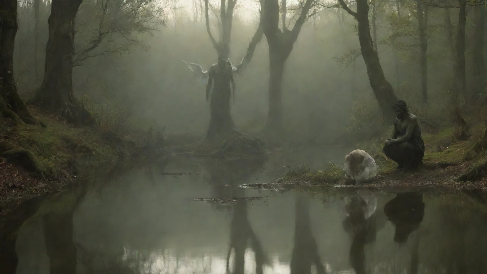 aiamazing angel kneeling by pond looking at reflection with a demon staring back in the water%2C with a forest background awesome portrait 2 wide