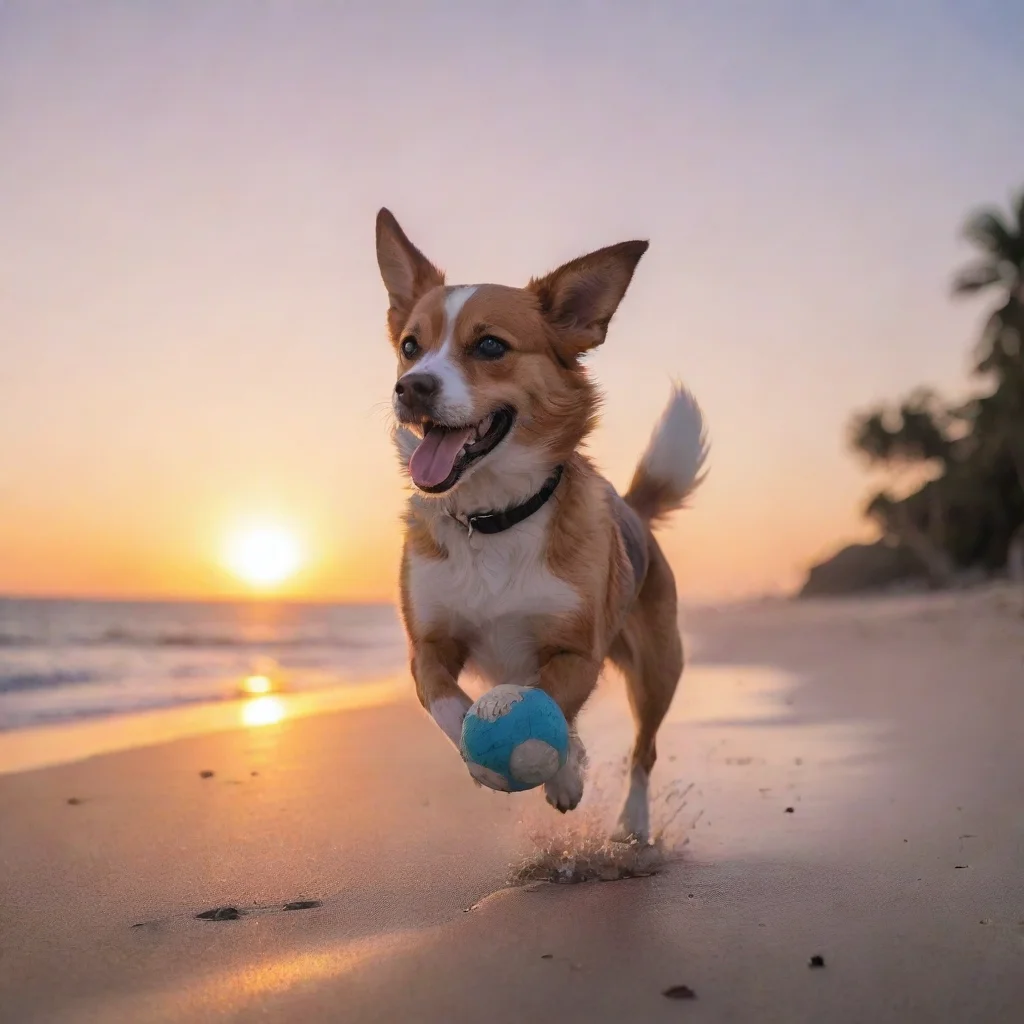 aiamazing anime%2C dog%2C ball%2C beach%2C running%2C sunset awesome portrait 2