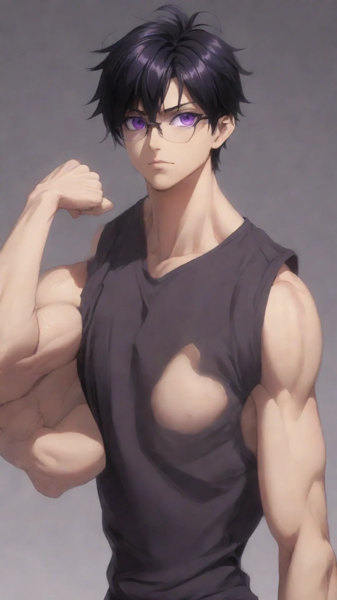 amazing anime boy black hair glasses purple eyes athletic biceps awesome portrait 2 tall