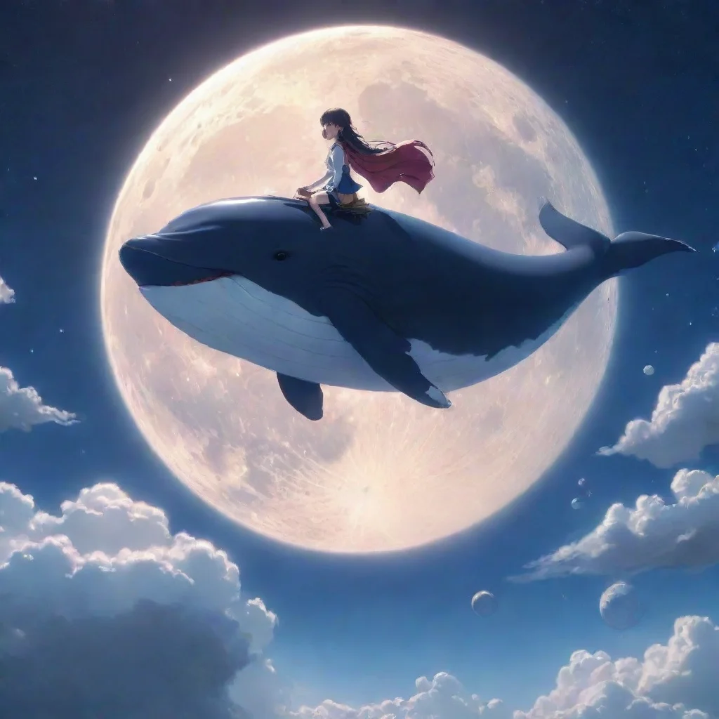 aiamazing anime character riding whale flying through the sky beautiful moon planets in sky hd aesthetic realistic cartoon
