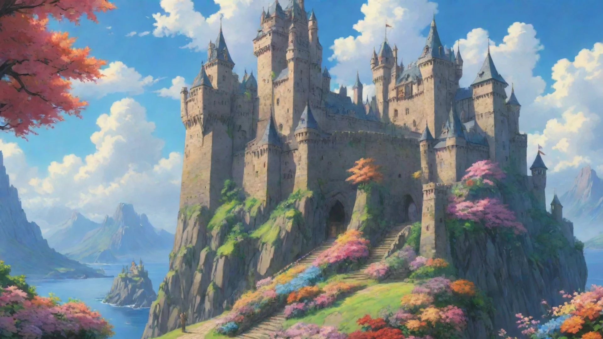 amazing anime ghibli hd environment beautiful castle flowers colors wide