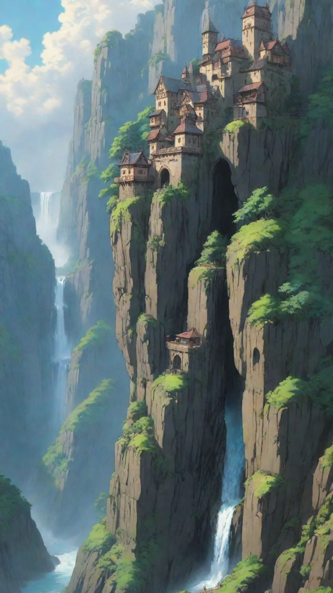 amazing anime ghibli towering castle cliff overhang with waterfall hs detailed extreme awesome portrait 2 tall