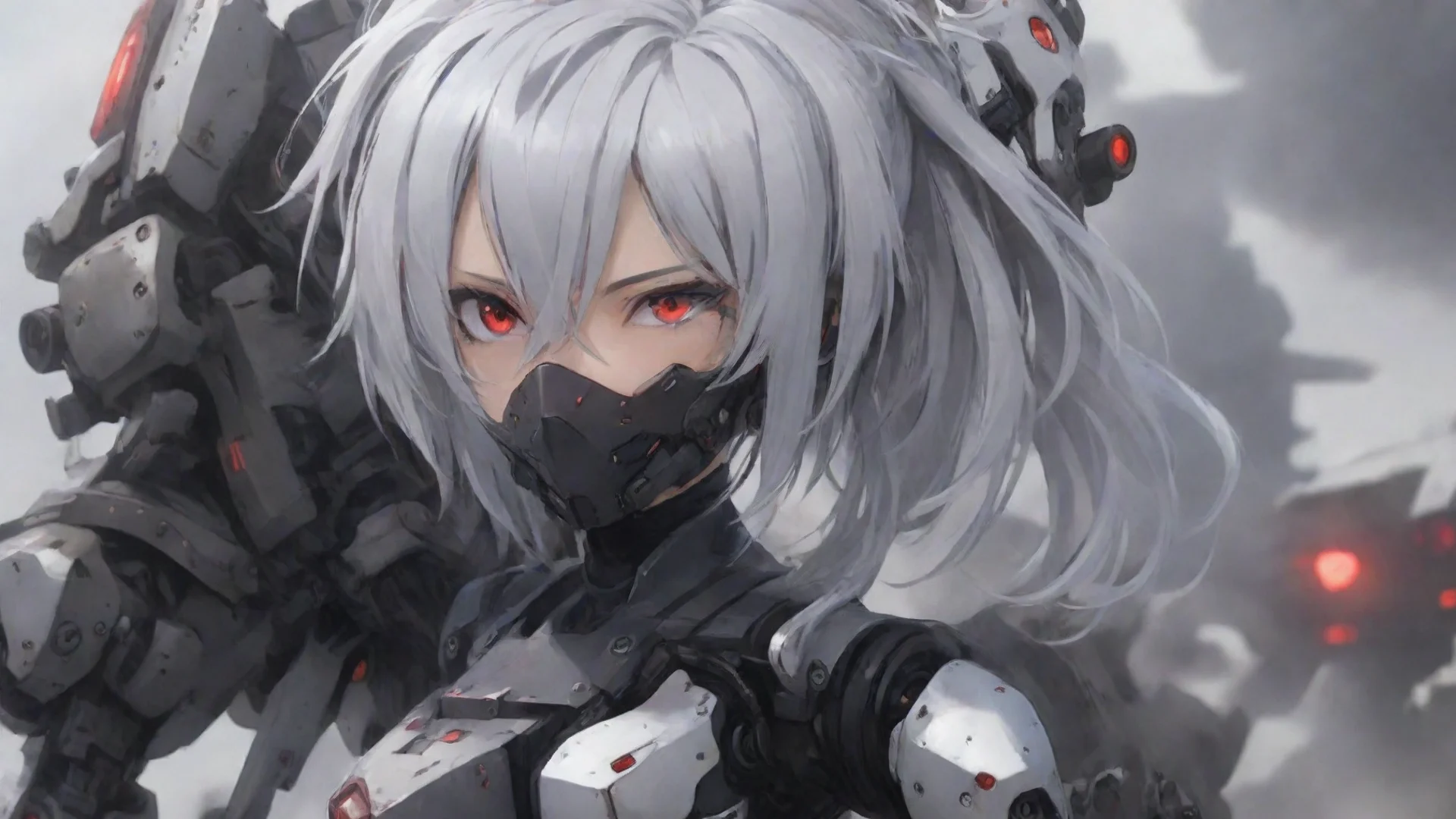 amazing anime girl silver hair red eyes mecha pilot in war zone awesome portrait 2 wide
