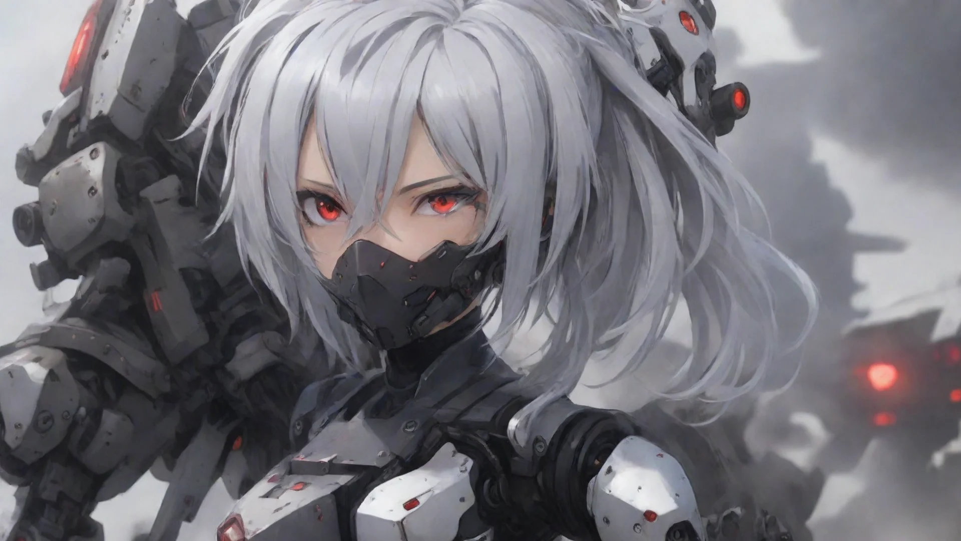 aiamazing anime girl silver hair red eyes mecha pilot in war zone awesome portrait 2 wide
